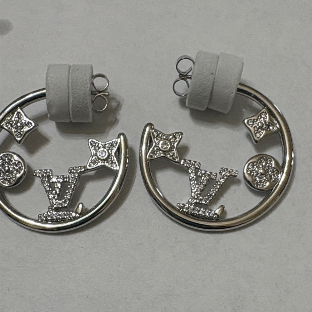 Silver Crystal Logo Hoop Earrings - Designer Inspired